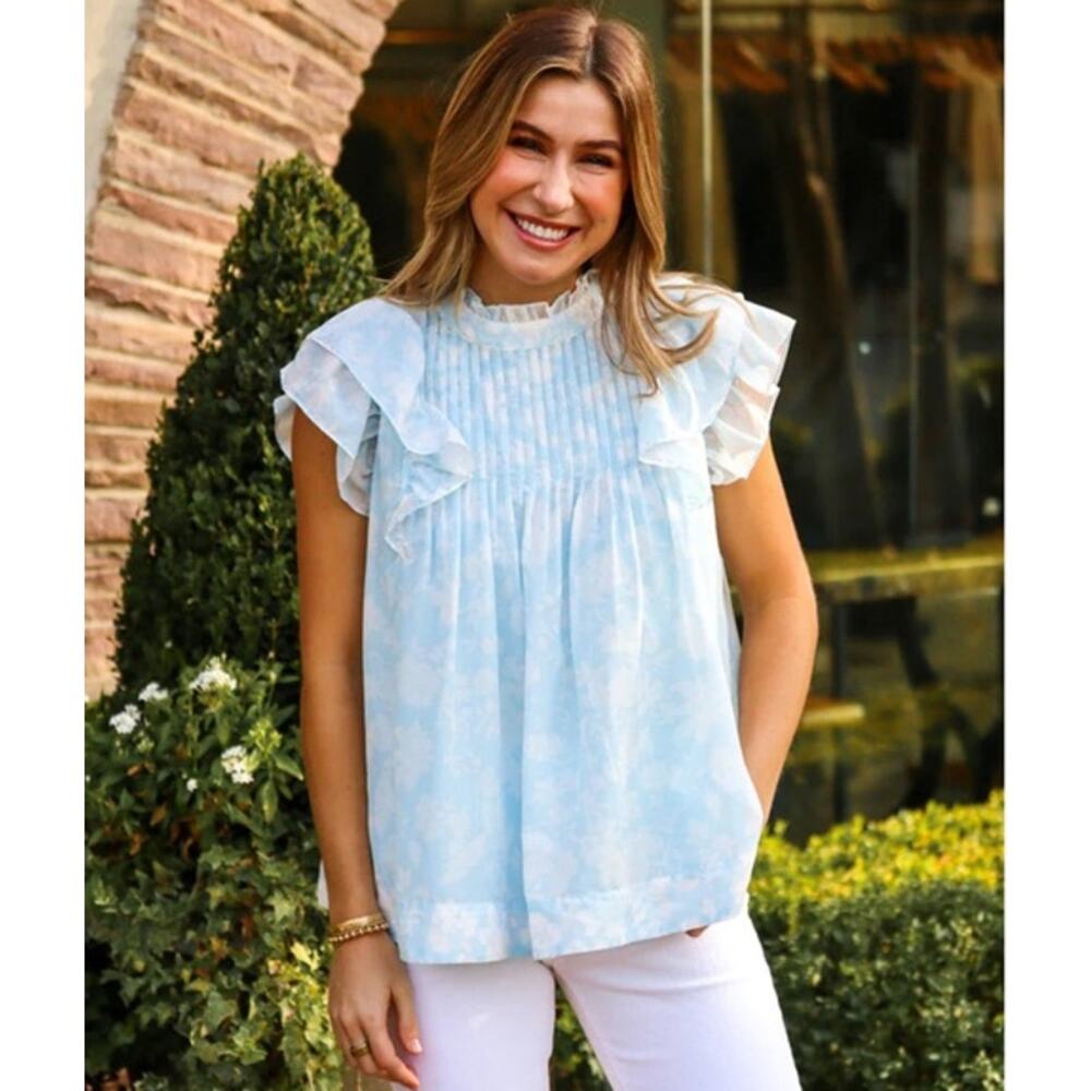 J.Marie Skye Floral Pleated Top‎ Blue White Size Small